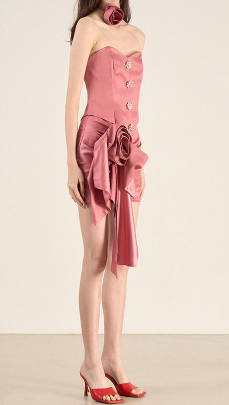 Zweiteiliges Mini-Kleid mit Tube-Top und Rosette-Muster in Rosa