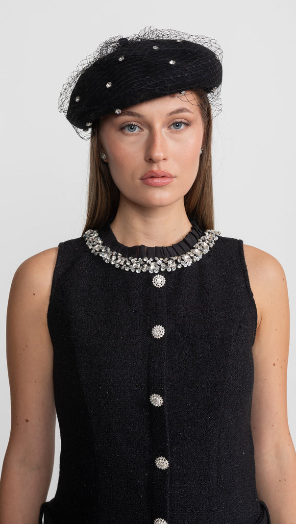 Embellished Wool Beret with Veil – Black