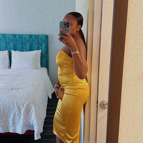 BACKLESS SPLIT TWIST-FRONT BODYCON MIDI DRESS IN GOLD