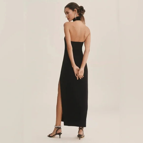 OPEN-BACK STRETCH-JERSEY HALTERNECK MAXI DRESS IN BLACK