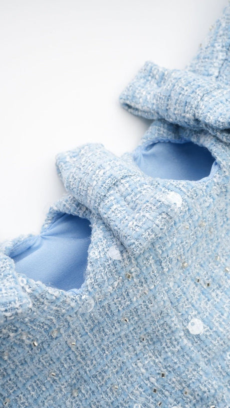 BLUE BOUCLE CUT OUT MINI DRESS