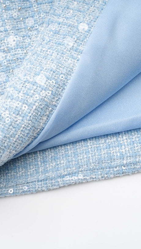 BLUE BOUCLE CUT OUT MINI DRESS