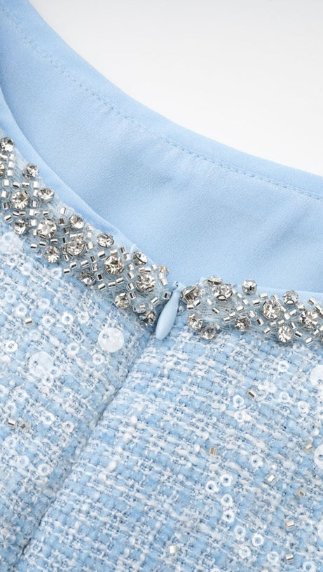 BLUE BOUCLE CUT OUT MINI DRESS