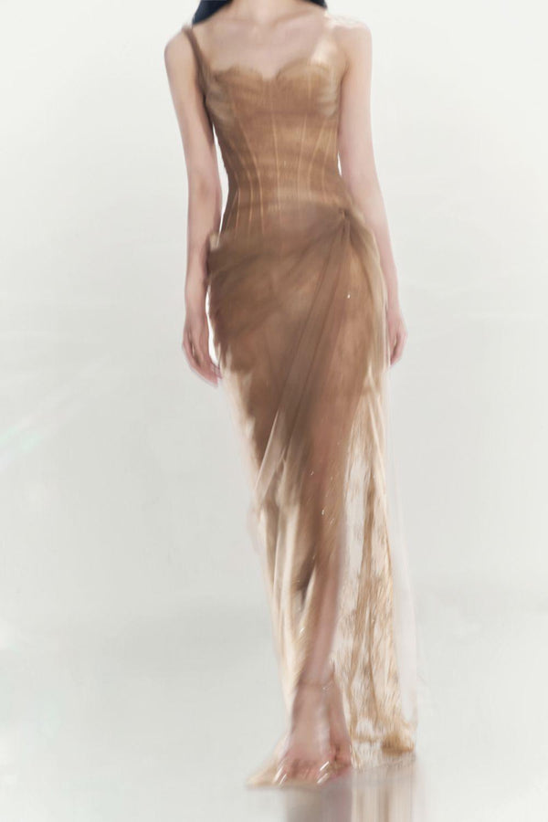 AIIZIE ONE SHOULDER MESH RUCHED MIDI DRESS - product image