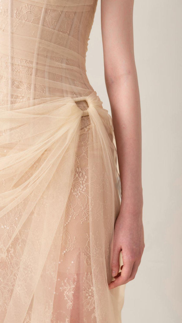 AIIZIE ONE SHOULDER MESH RUCHED MIDI DRESS IN PALE YELLOW - product image