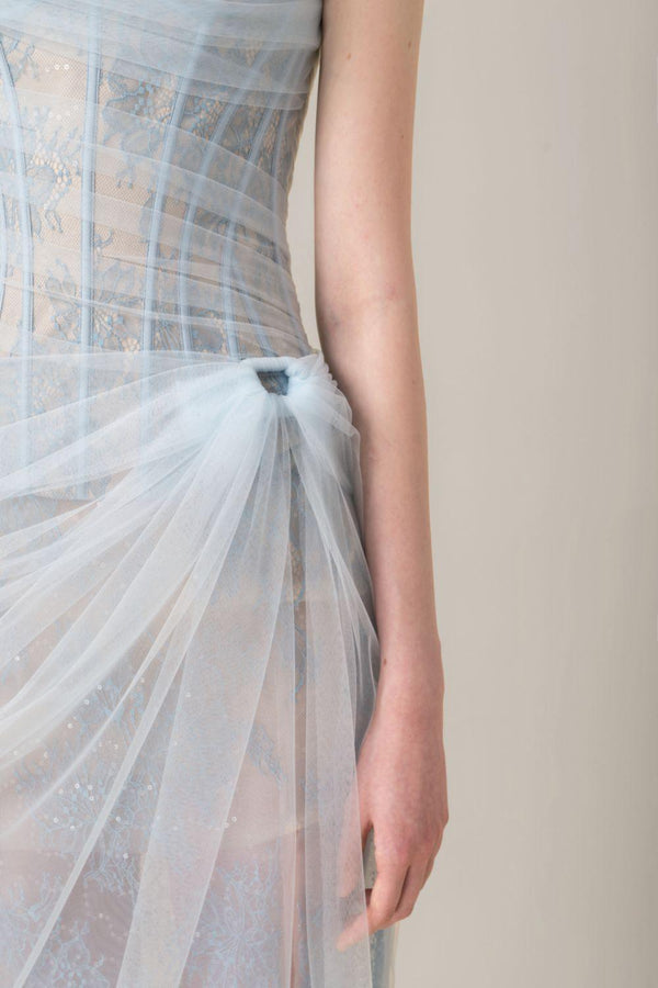 AIIZIE ONE SHOULDER MESH RUCHED MIDI DRESS IN BLUE - product image