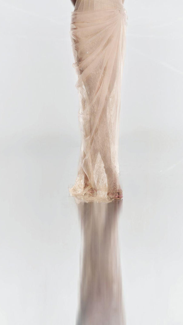 AIIZIE ONE SHOULDER MESH RUCHED MIDI DRESS IN PALE YELLOW - product image