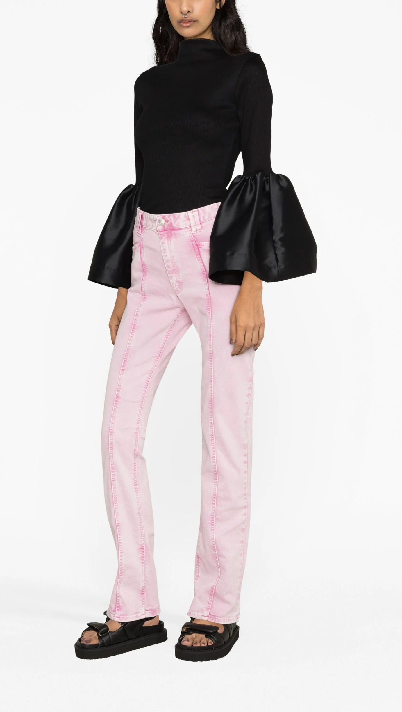 BLACK BELL SLEEVE RIBBED TOP