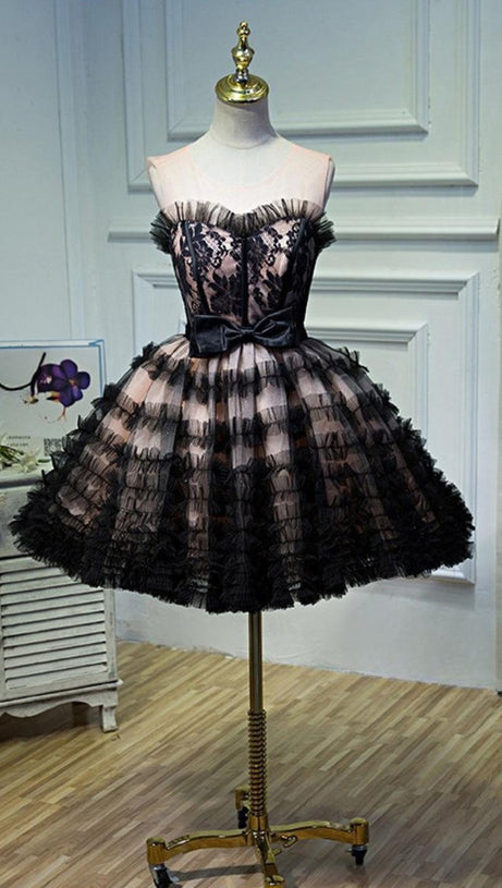lorraine bow lace strapless puffy mini dress in black