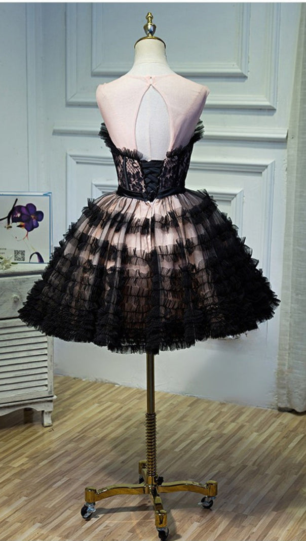 AIIZIE lorraine bow lace strapless puffy mini dress in black - product image