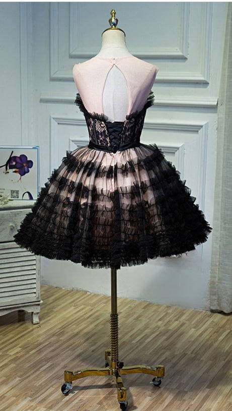 lorraine bow lace strapless puffy mini dress in black