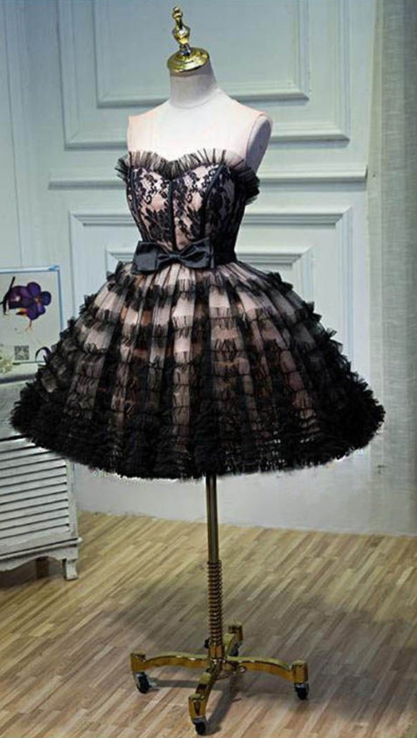 AIIZIE lorraine bow lace strapless puffy mini dress in black - product image