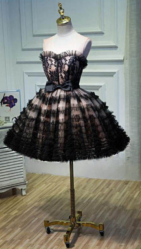 lorraine bow lace strapless puffy mini dress in black