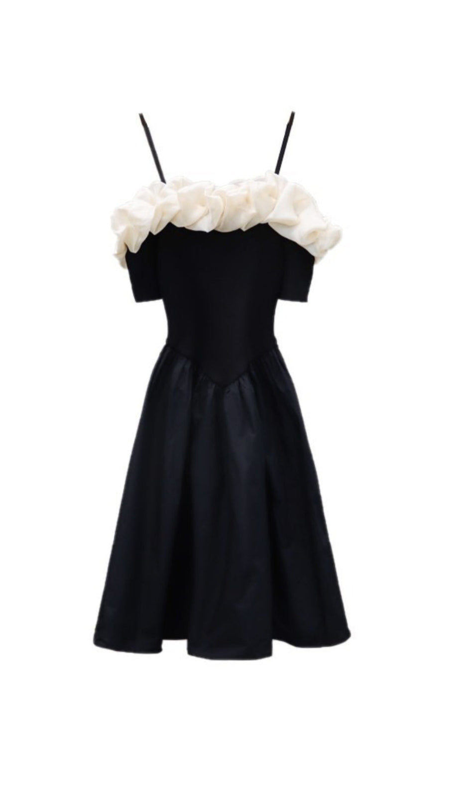 OFF-SHOULDER RUFFLE TRIM SUSPENDER MINI DRESS IN BLACK