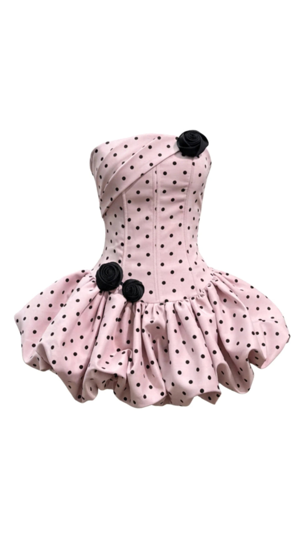 POLKA DOT STRAPLESS FLOWER CORSET PUFF MINI DRESS IN PINK