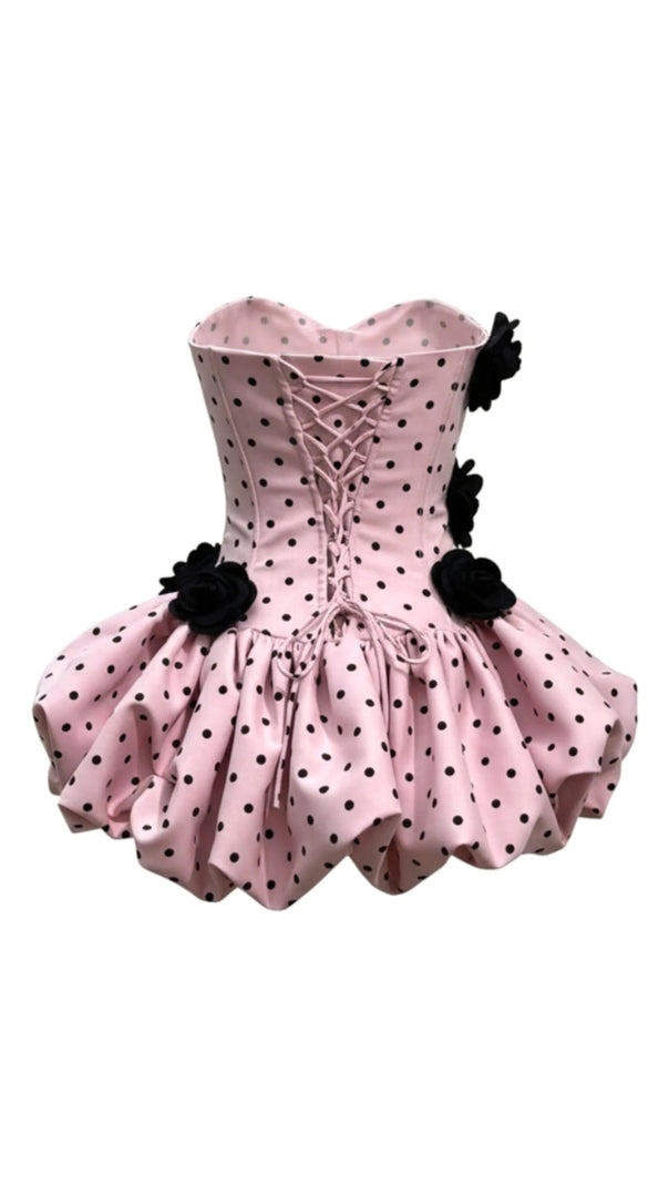 AIIZIE POLKA DOT STRAPLESS FLOWER CORSET PUFF MINI DRESS IN PINK - product image