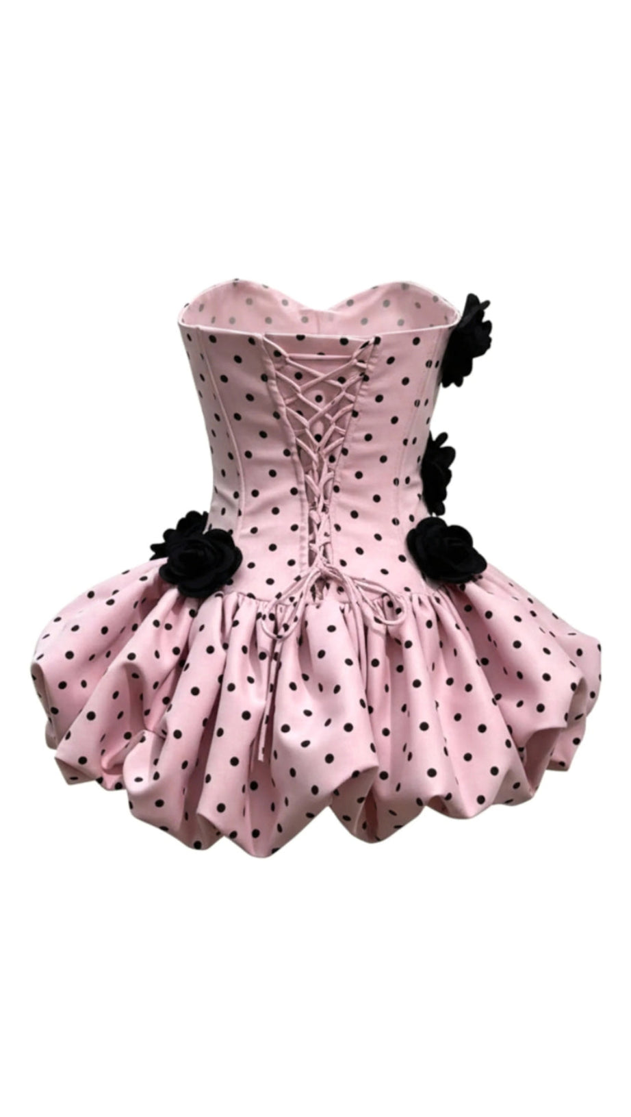 POLKA DOT STRAPLESS FLOWER CORSET PUFF MINI DRESS IN PINK