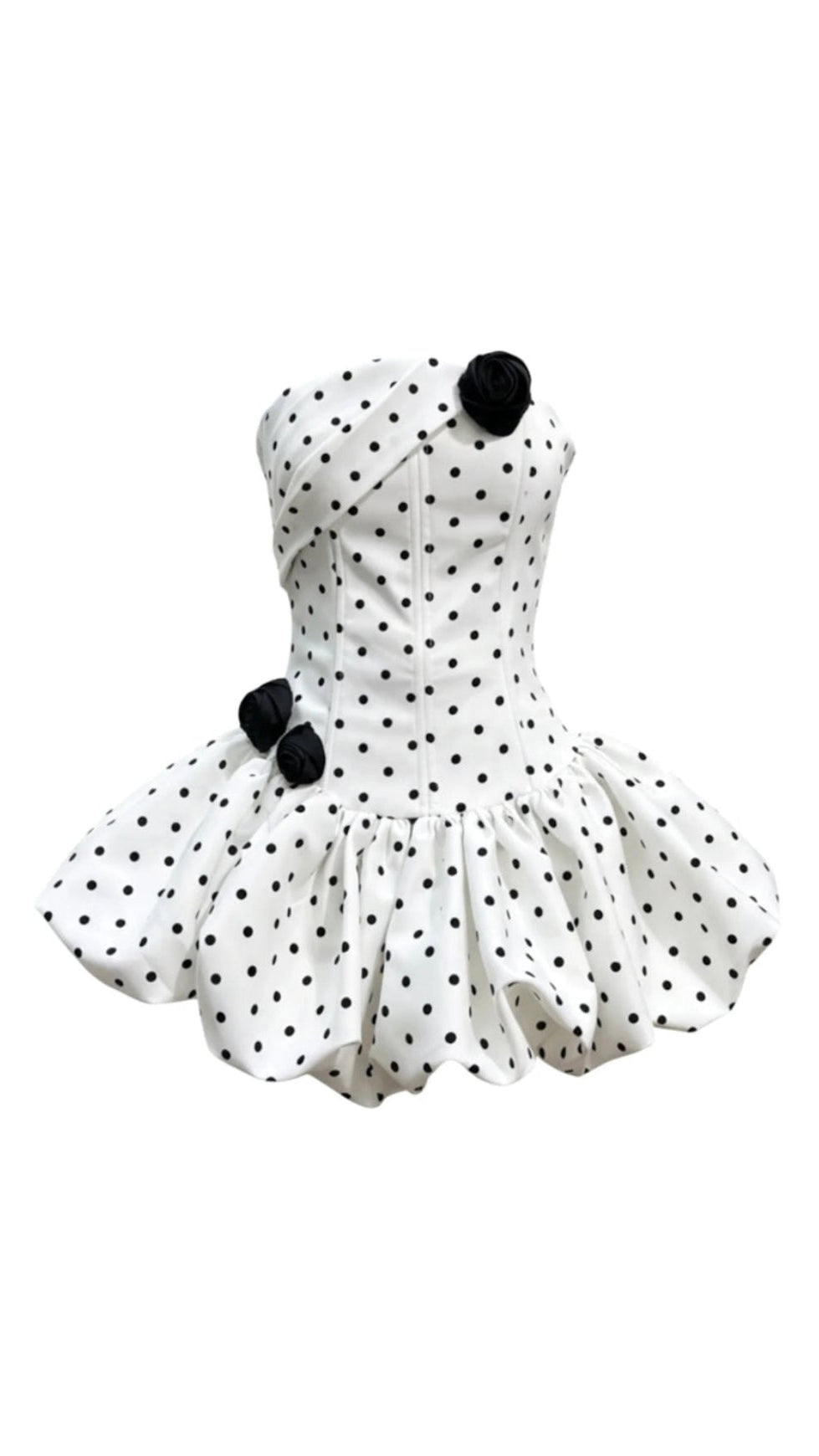 POLKA DOT STRAPLESS FLOWER CORSET PUFF MINI DRESS IN WHITE