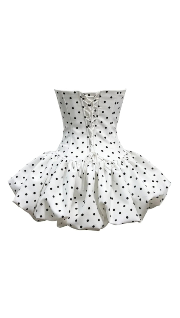 AIIZIE POLKA DOT STRAPLESS FLOWER CORSET PUFF MINI DRESS IN WHITE - product image