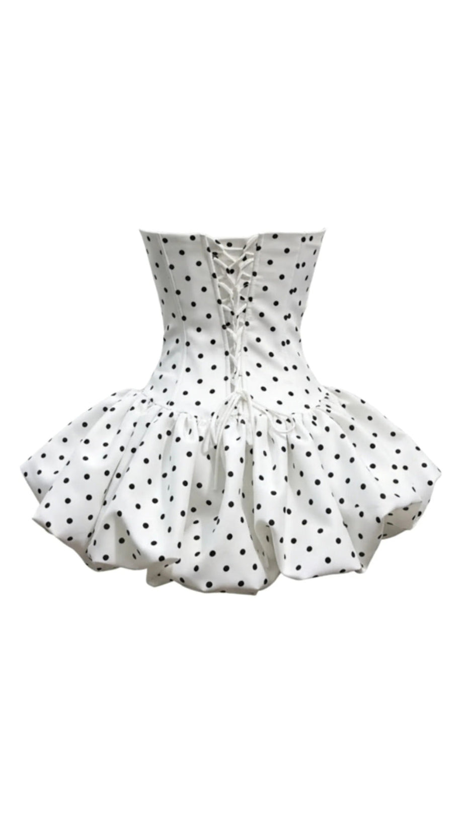 POLKA DOT STRAPLESS FLOWER CORSET PUFF MINI DRESS IN WHITE