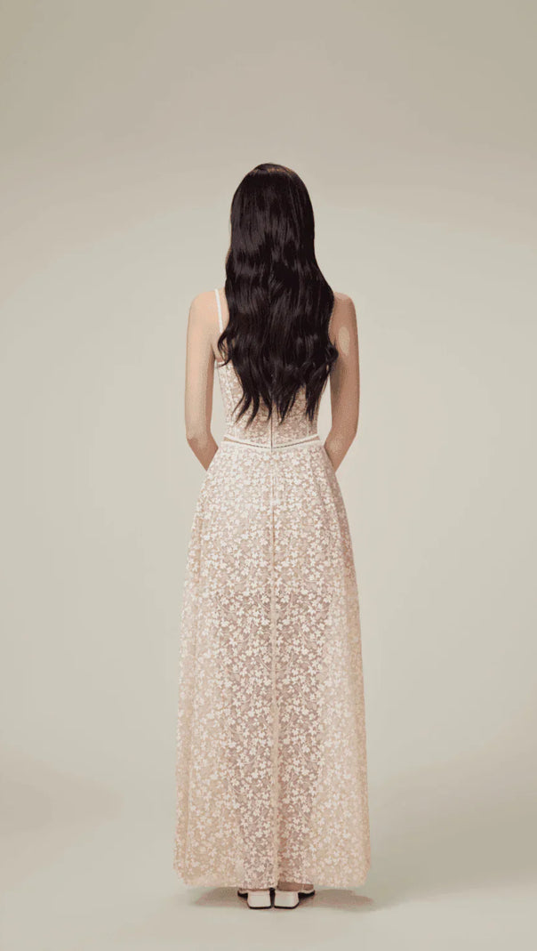 AIIZIE TESS LACE STITCHING HOLLOW SLIT MAXI DRESS IN APRICOT - product image
