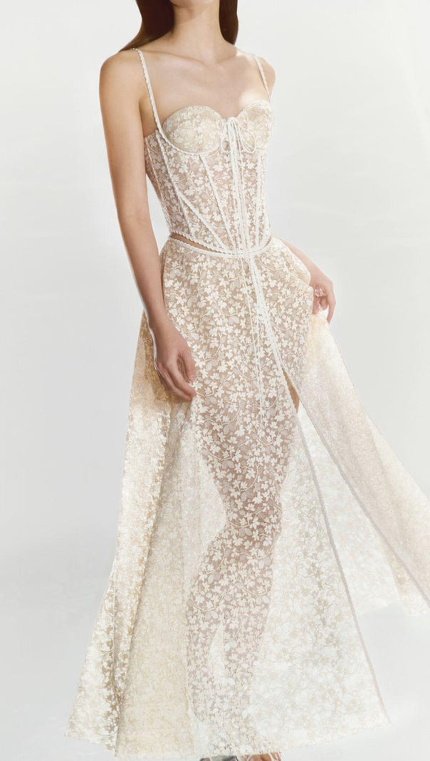 AIIZIE TESS LACE STITCHING HOLLOW SLIT MAXI DRESS IN APRICOT - product image