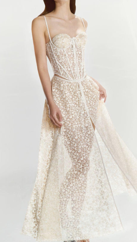 TESS LACE STITCHING HOLLOW SLIT MAXI DRESS IN APRICOT