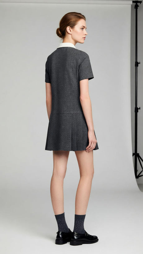 Chic Peter Pan Collar Mini Dress - Gray Tweed with Pleats & Golden Accents
