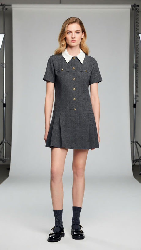 Chic Peter Pan Collar Mini Dress - Gray Tweed with Pleats & Golden Accents