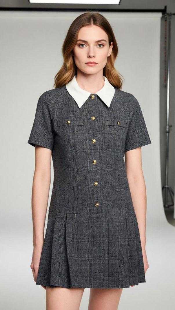 AIIZIE Chic Peter Pan Collar Mini Dress - Gray Tweed with Pleats & Golden Accents - product image