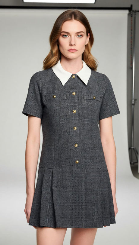 Chic Peter Pan Collar Mini Dress - Gray Tweed with Pleats & Golden Accents
