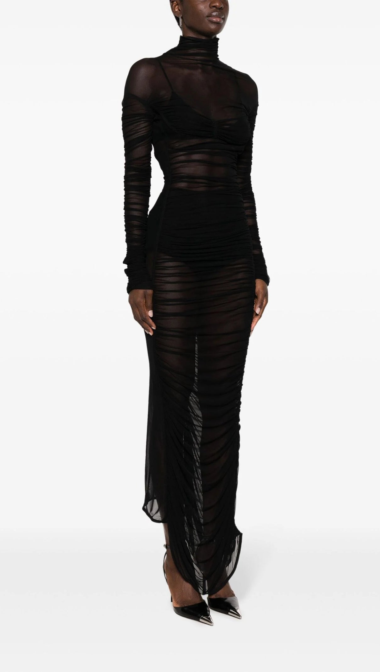 AIIZIE BLACK RUCHED SHEER MAXI DRESS - product image