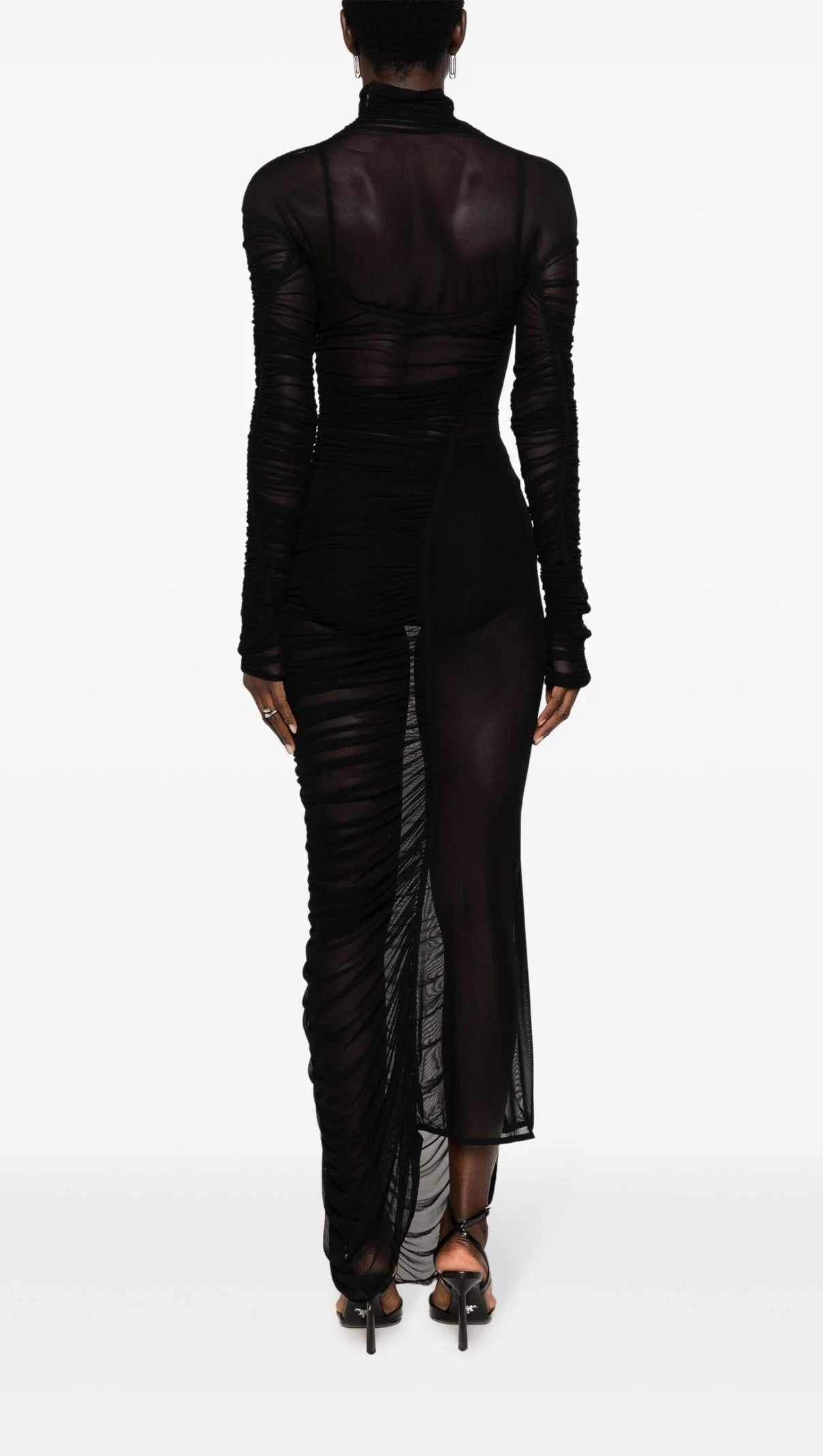 AIIZIE BLACK RUCHED SHEER MAXI DRESS - product image
