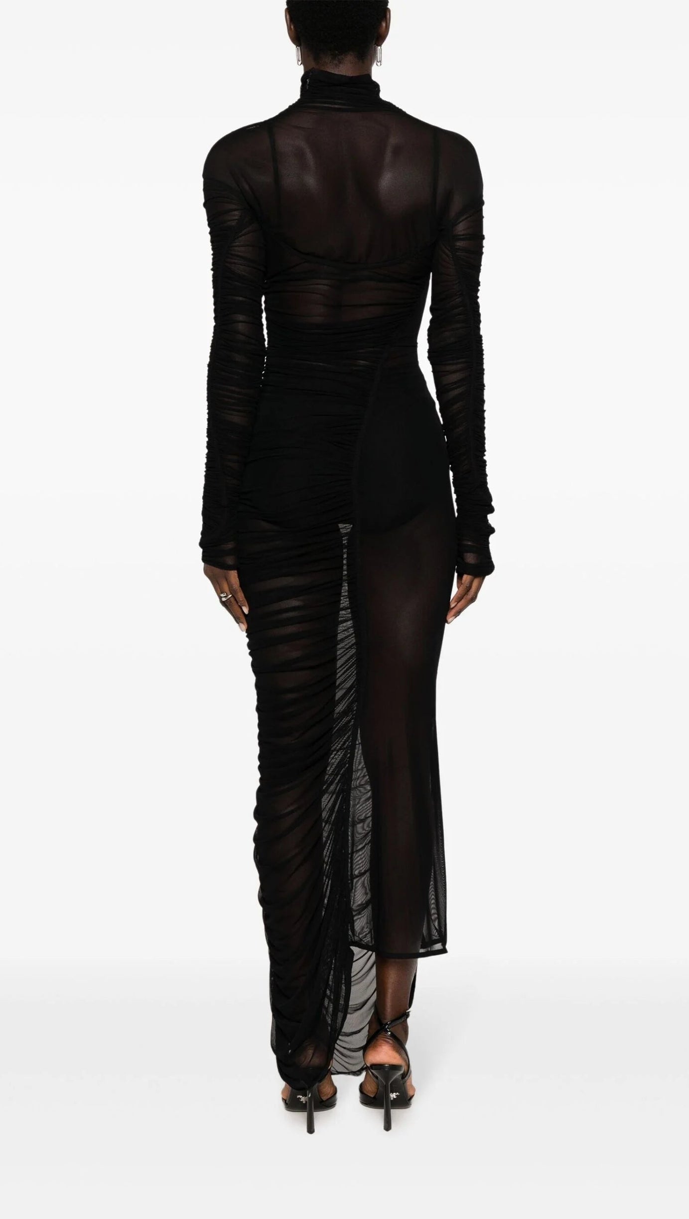 BLACK RUCHED SHEER MAXI DRESS