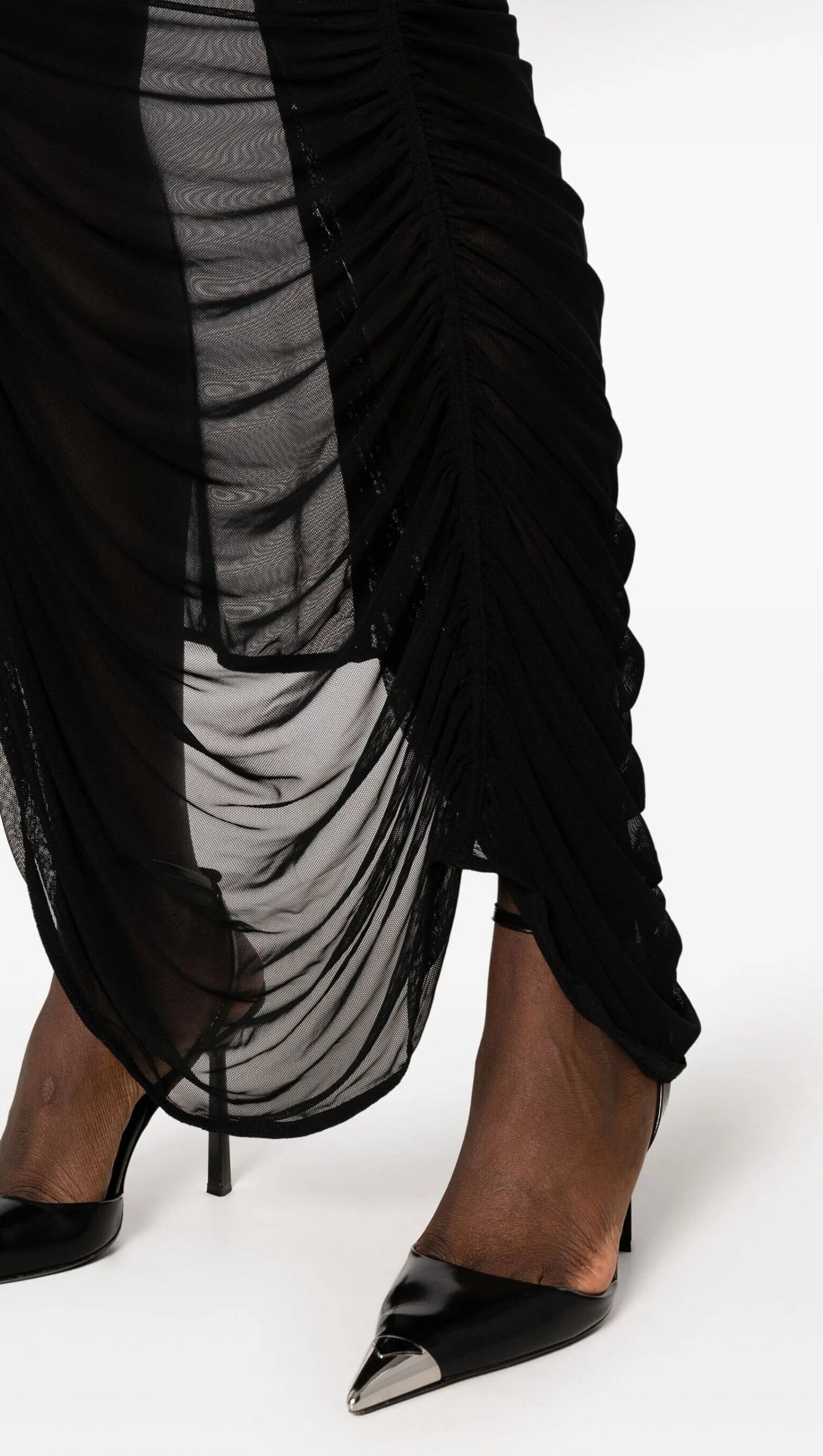 BLACK RUCHED SHEER MAXI DRESS