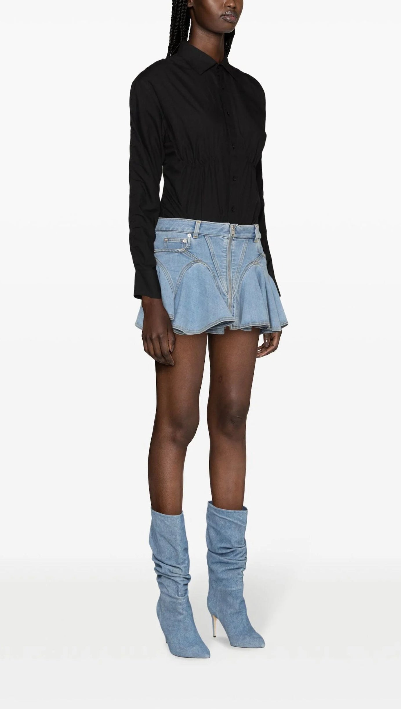 BLUE FLARED DENIM MINI SKIRT