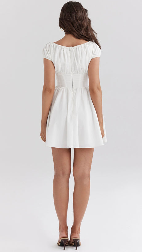 FRENCH WHITE GATHERED MINI DRESS