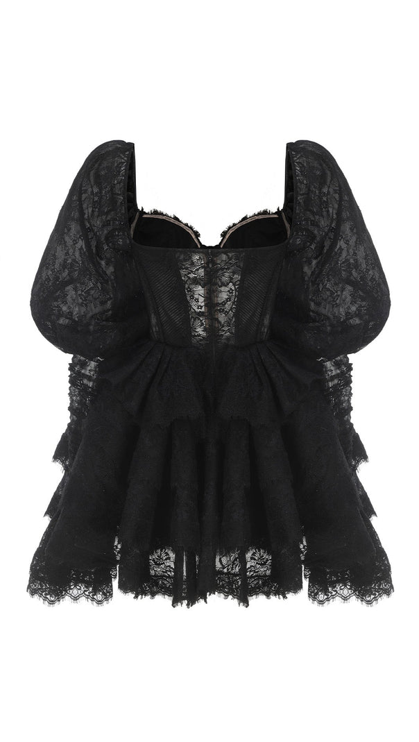 AIIZIE PUFF SLEEVE LACE MINI DRESS IN BLACK - product image