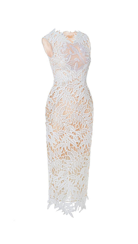 ABITO MIDI VANESSA SENZA MANICHE IN PIZZO RICAMATO BIANCO
