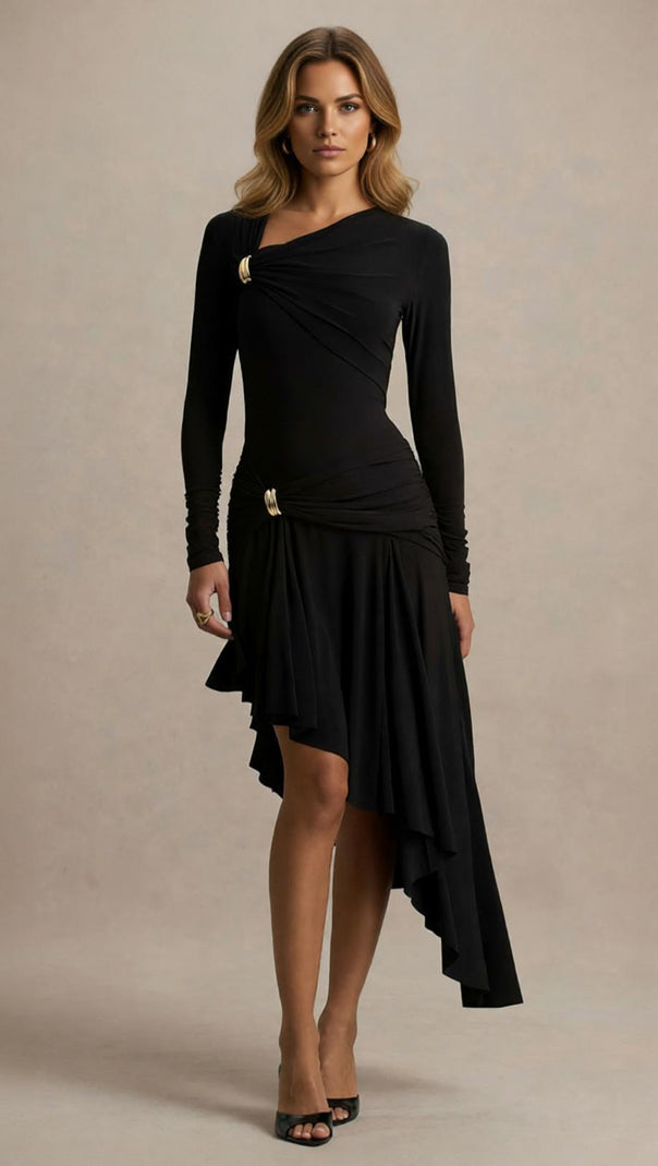 AIIZIE Nedelya Chic Black Asymmetrical Draped Midi Dress - Long Sleeve & Gold Accents - product image
