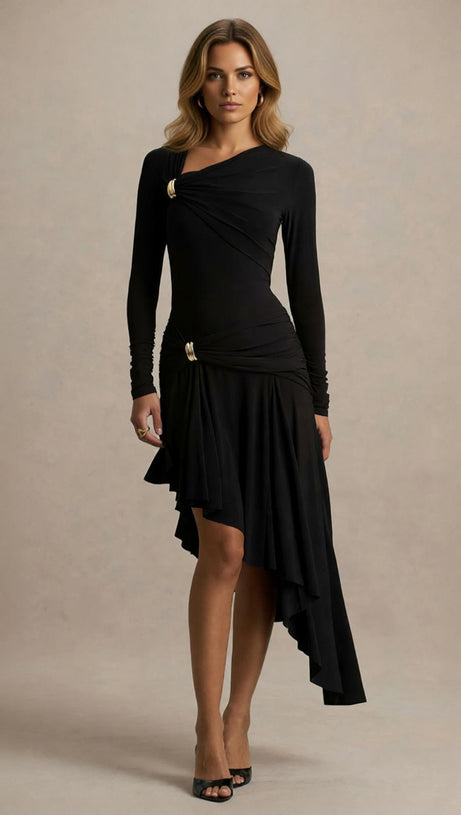 Nedelya Chic Black Asymmetrical Draped Midi Dress - Long Sleeve & Gold Accents