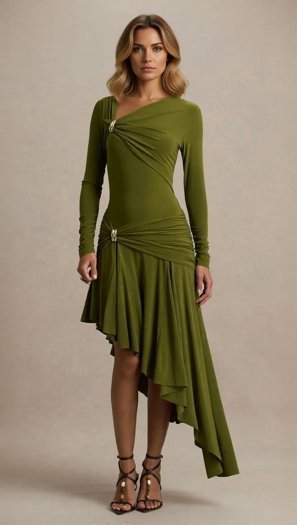 AIIZIE Nedelya Draped Long Sleeve Midi Dress – Elegant Olive Green Day-to-Night Style - product image