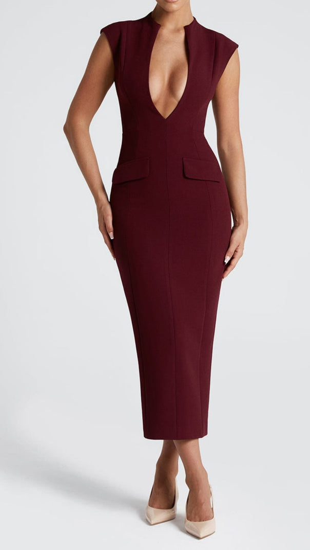 AIIZIE NELLIE V-NECK BODYCON MIDI DRESS IN CHERRY LACQUER - product image