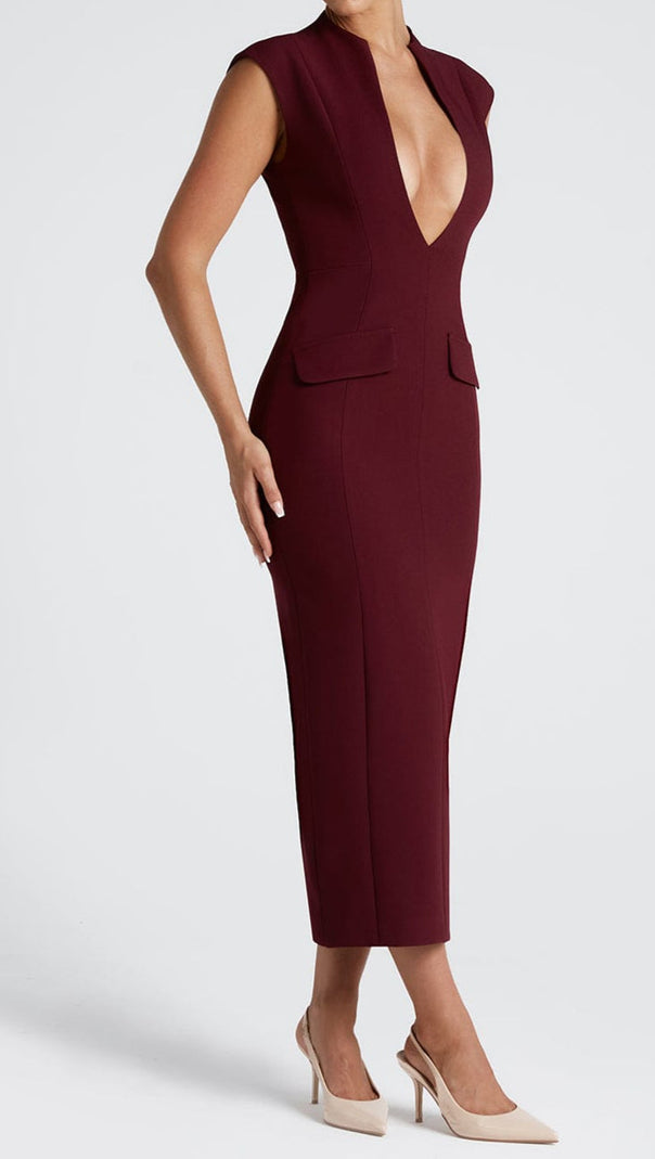 AIIZIE NELLIE V-NECK BODYCON MIDI DRESS IN CHERRY LACQUER - product image