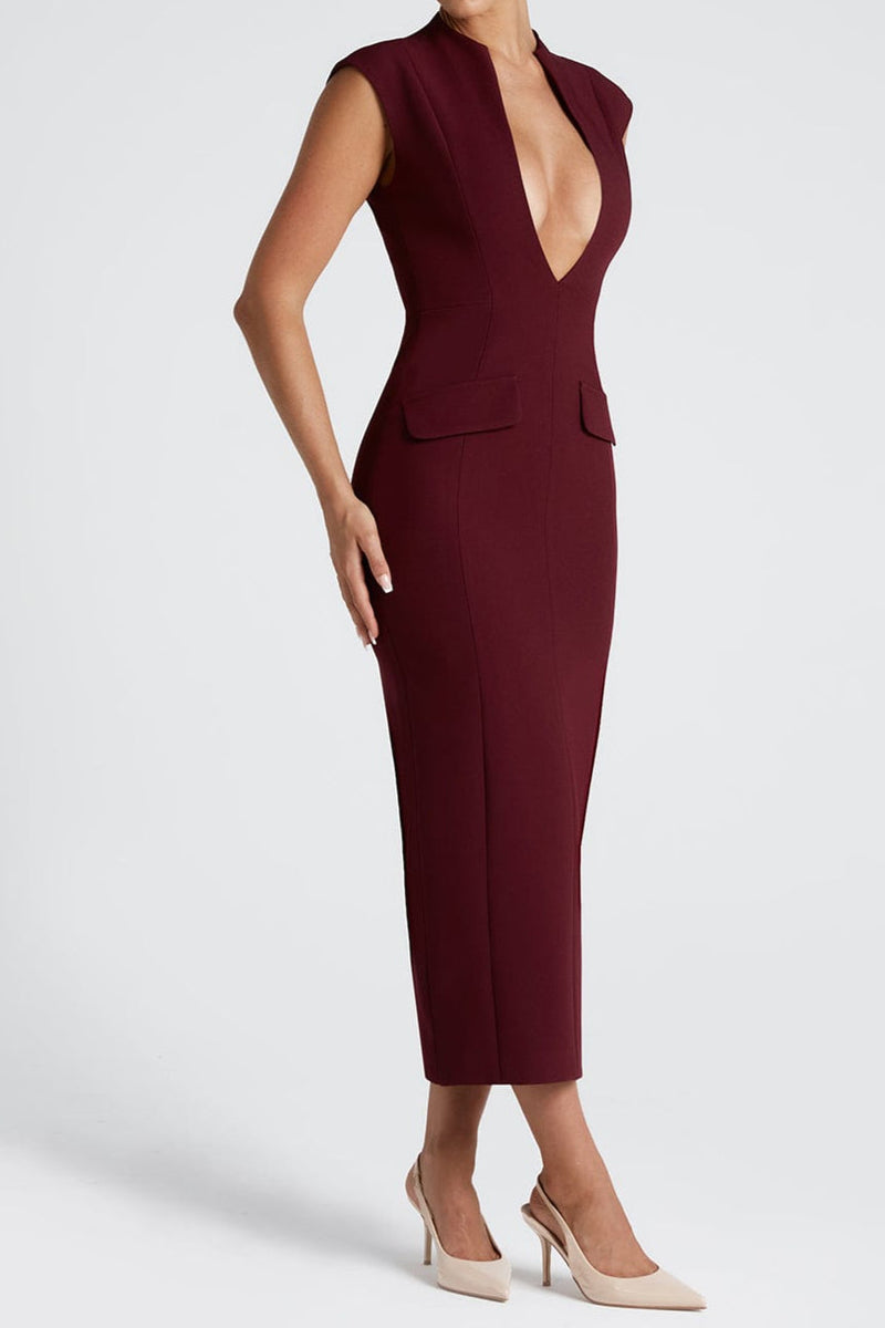 nellie v-neck bodycon midi dress in cherry lacquer