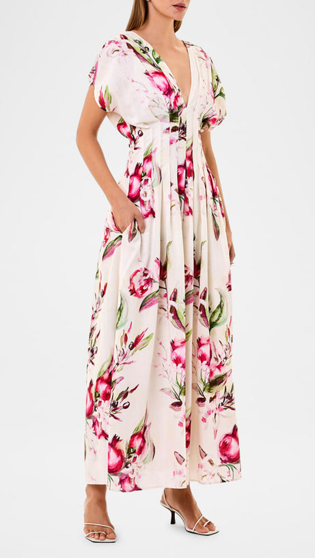 Sonya – Plissiertes Maxikleid mit Blumenmuster in Weiß