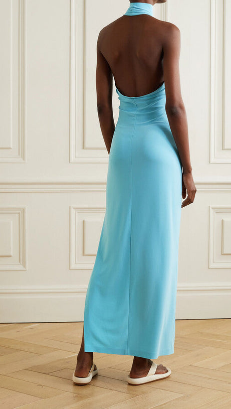 OPEN-BACK STRETCH-JERSEY HALTERNECK MAXI DRESS IN BLUE