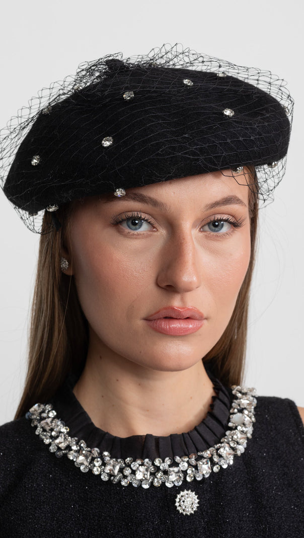 Embellished Wool Beret with Veil – Black