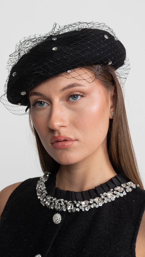 Embellished Wool Beret with Veil – Black