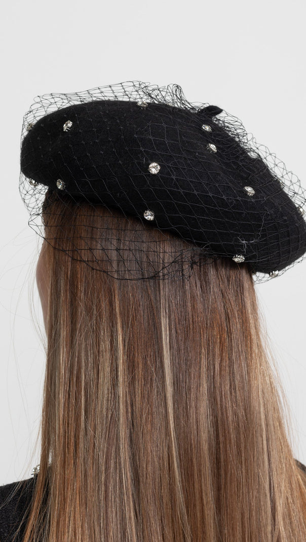 Embellished Wool Beret with Veil – Black